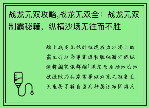 战龙无双攻略,战龙无双全：战龙无双制霸秘籍，纵横沙场无往而不胜